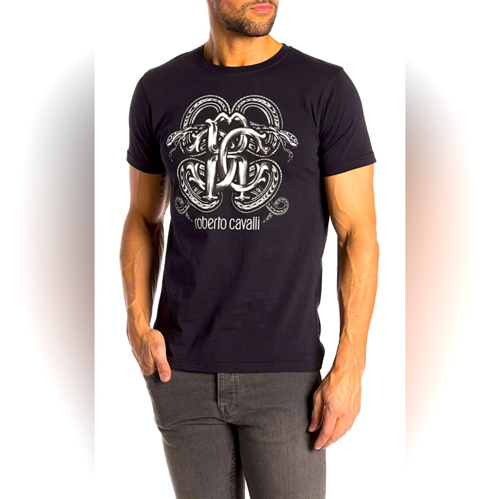 ROBERTO CAVALLI Dark Navy Graphic Tee for Men